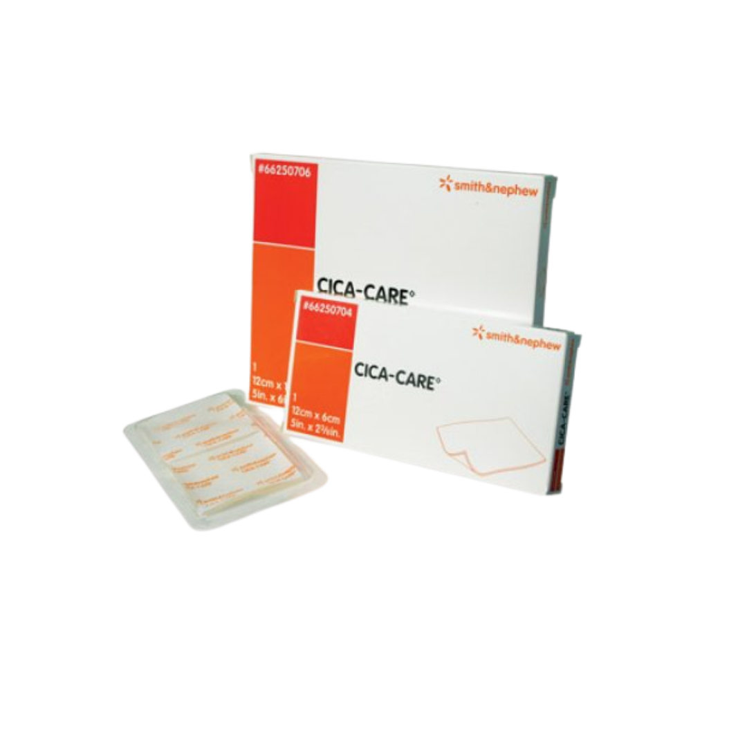 Large Smith & Nephew CICA-CARE adhesive silicone gel sheet, 12cm x 15cm, displayed with its blue and white cardboard packaging and sterile protective tray.