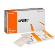 A box of Smith & Nephew Opsite transparent adhesive film shown alongside an individual sterile packet and an unwrapped dressing.