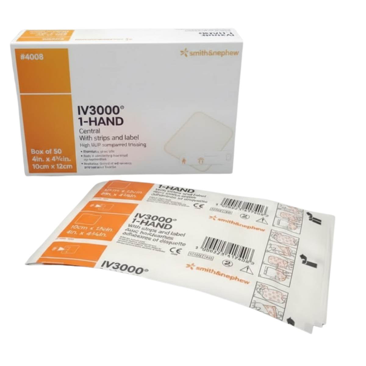 Smith & Nephew IV3000 1-Hand Central transparent dressing box (10cm x 12cm) with sterile individual packaging, designed for catheter site protection.