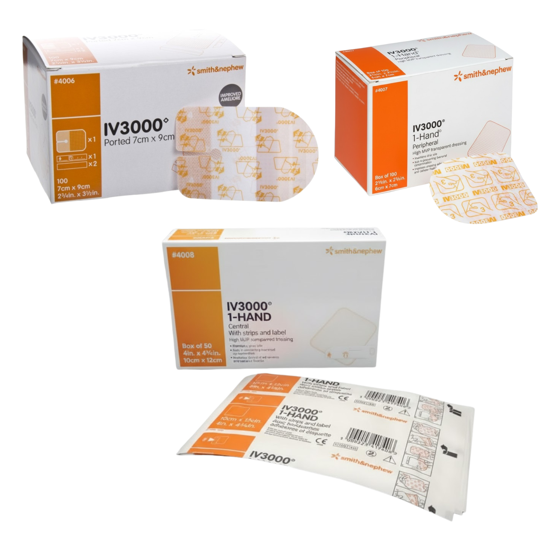 A collection of Smith & Nephew IV3000 transparent dressings in various sizes, including 1-Hand Central, Peripheral, and Ported options for clinical wound care.