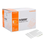 A box and single transparent film dressing of Smith & Nephew IV3000 Ported, size 5cm x 6cm, designed for IV catheter securement.