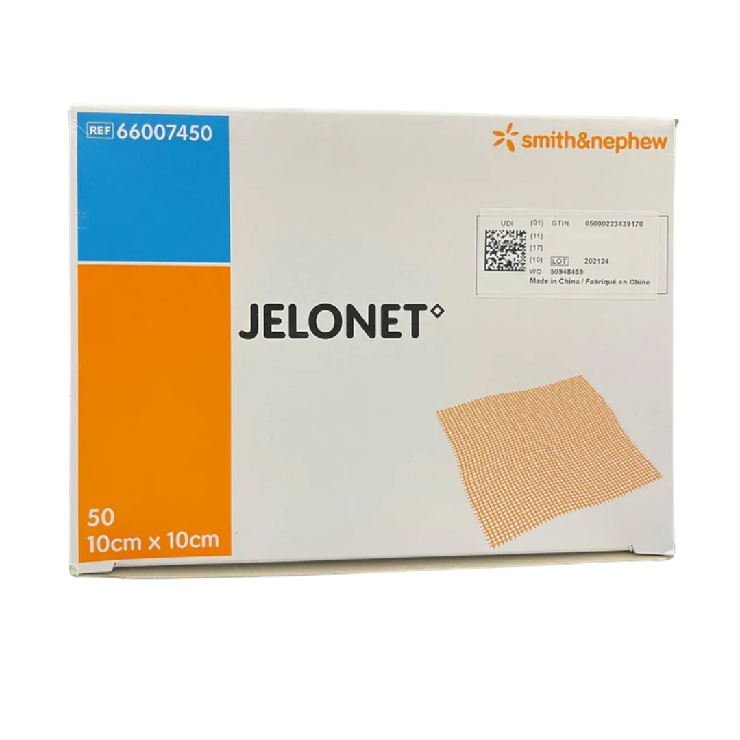 Box of Smith & Nephew Jelonet Paraffin Gauze Dressing, size 50 count, $10 \text{ cm} \times 10 \text{ cm}$, showing the product image and REF 66007450.