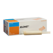 Side view of the Jelonet Paraffin Gauze Dressing box, size $15 \text{ cm} \times 2 \text{ m}$, with the petroleum jelly gauze roll product displayed next to it.