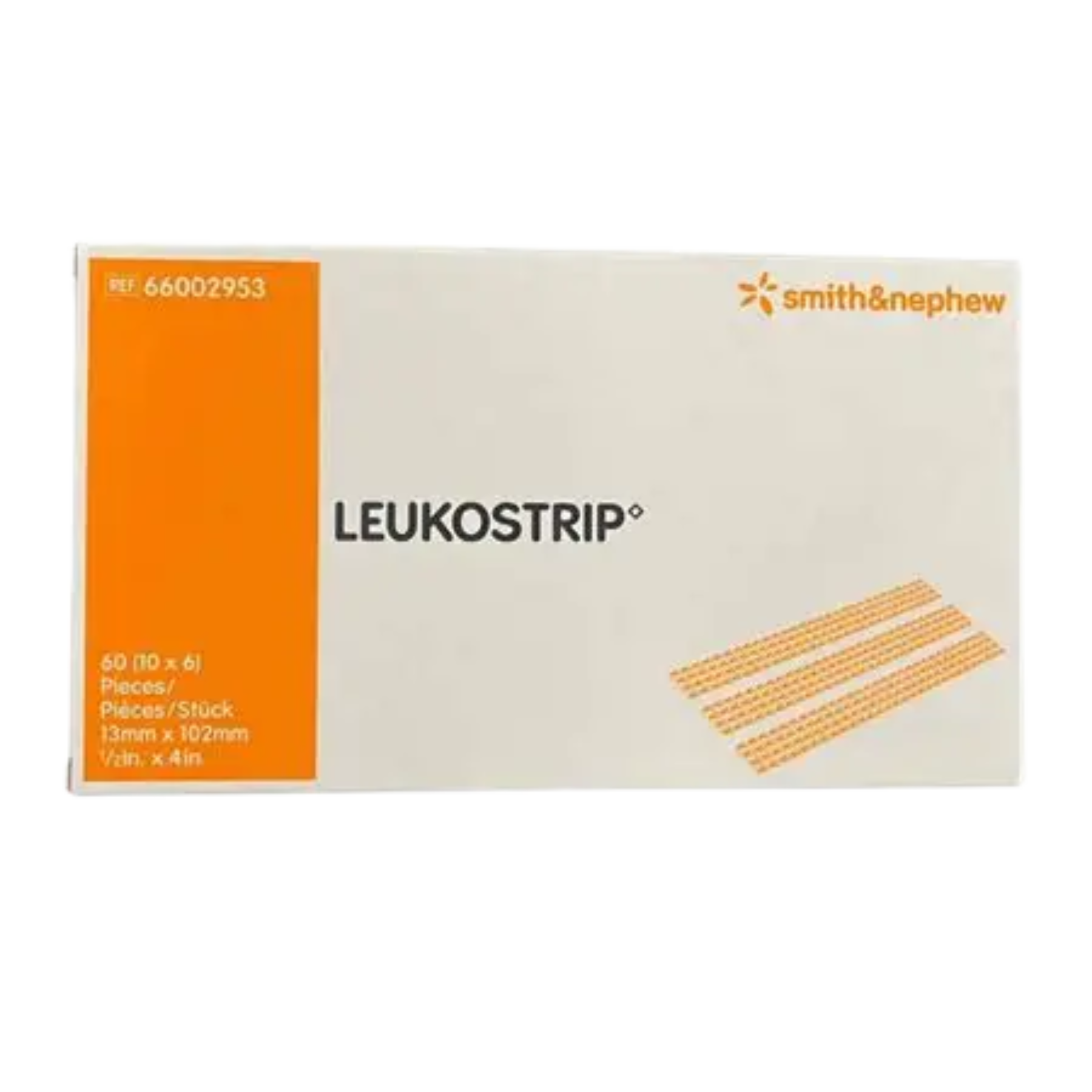 Front view of Smith & Nephew LEUKOSTRIP wound closure strips box, reference 66002953, containing 60 pieces sized 13mm x 102mm.