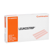 Front view of a Smith & Nephew LEUKOSTRIP box, reference 66002952, containing 30 wound closure strips sized 6.4mm by 76mm.