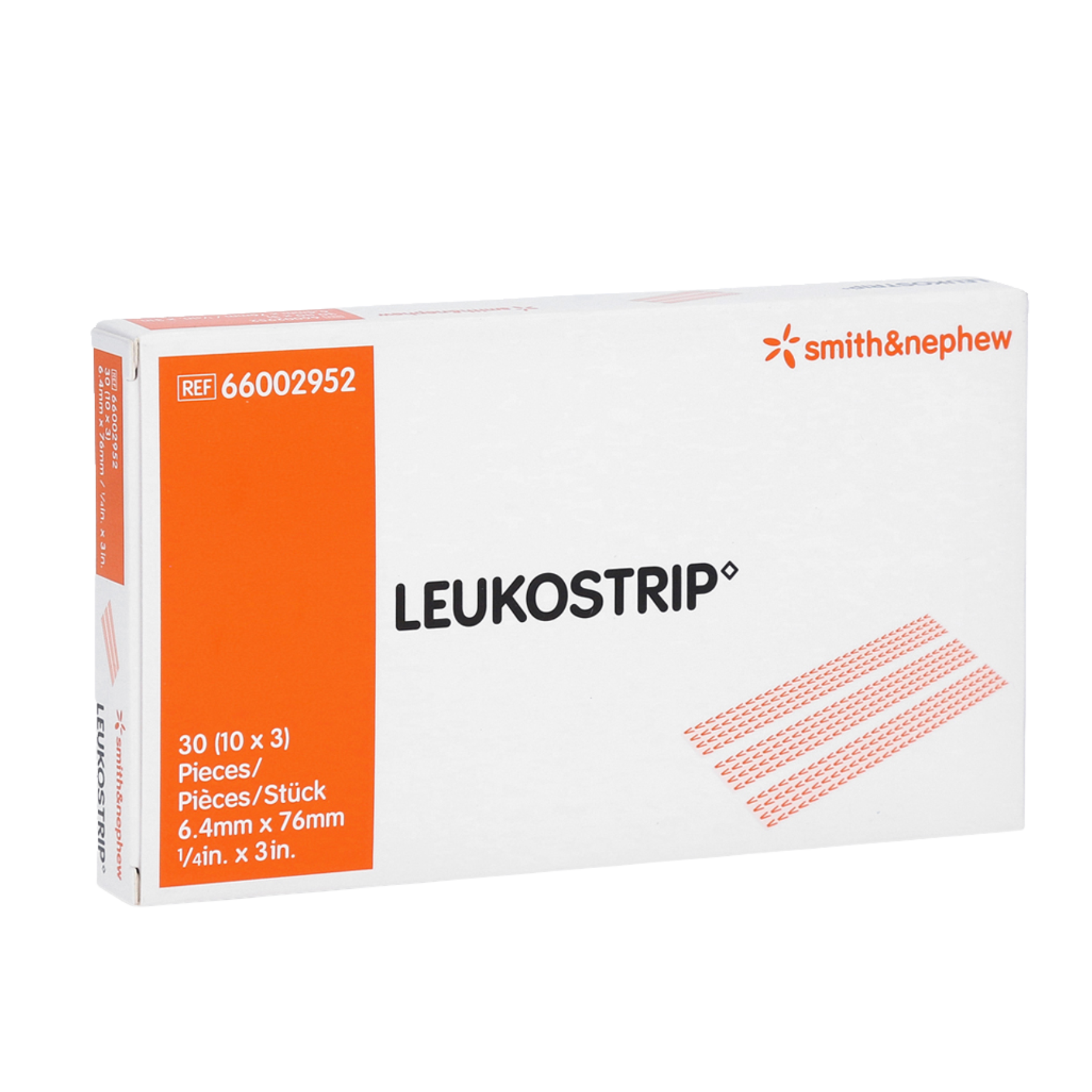 Front view of a Smith & Nephew LEUKOSTRIP box, reference 66002952, containing 30 wound closure strips sized 6.4mm by 76mm.