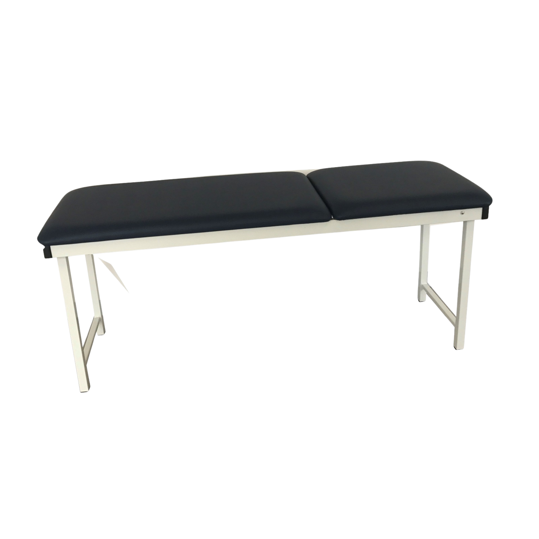 Stationary black treatment table in a fully flat position for massage or general medical examinations.