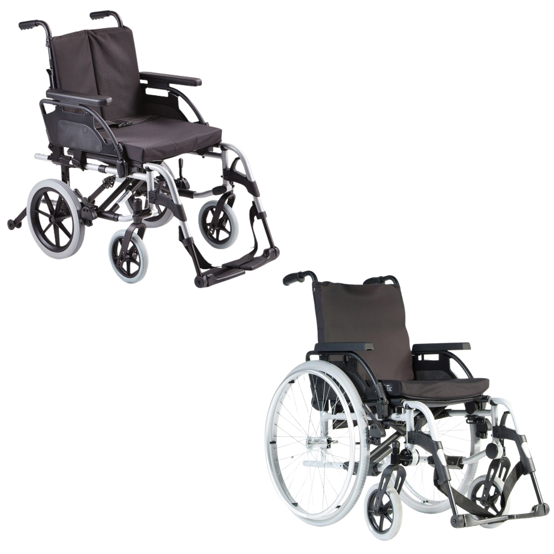 A three-quarter view product shot of the Sunrise Medical Breezy BasiX 2 Half Folding Wheelchair, configured as an attendant-propelled transit model. The wheelchair features small, solid black rear wheels and matching small front caster wheels, designed for a caregiver to push. It includes a durable silver metal frame, a dark gray padded fabric seat and backrest, and padded armrests. The bottom features swing-away footrests with integrated footplates and a black heel loop strap. The wheelchair is isolated ag