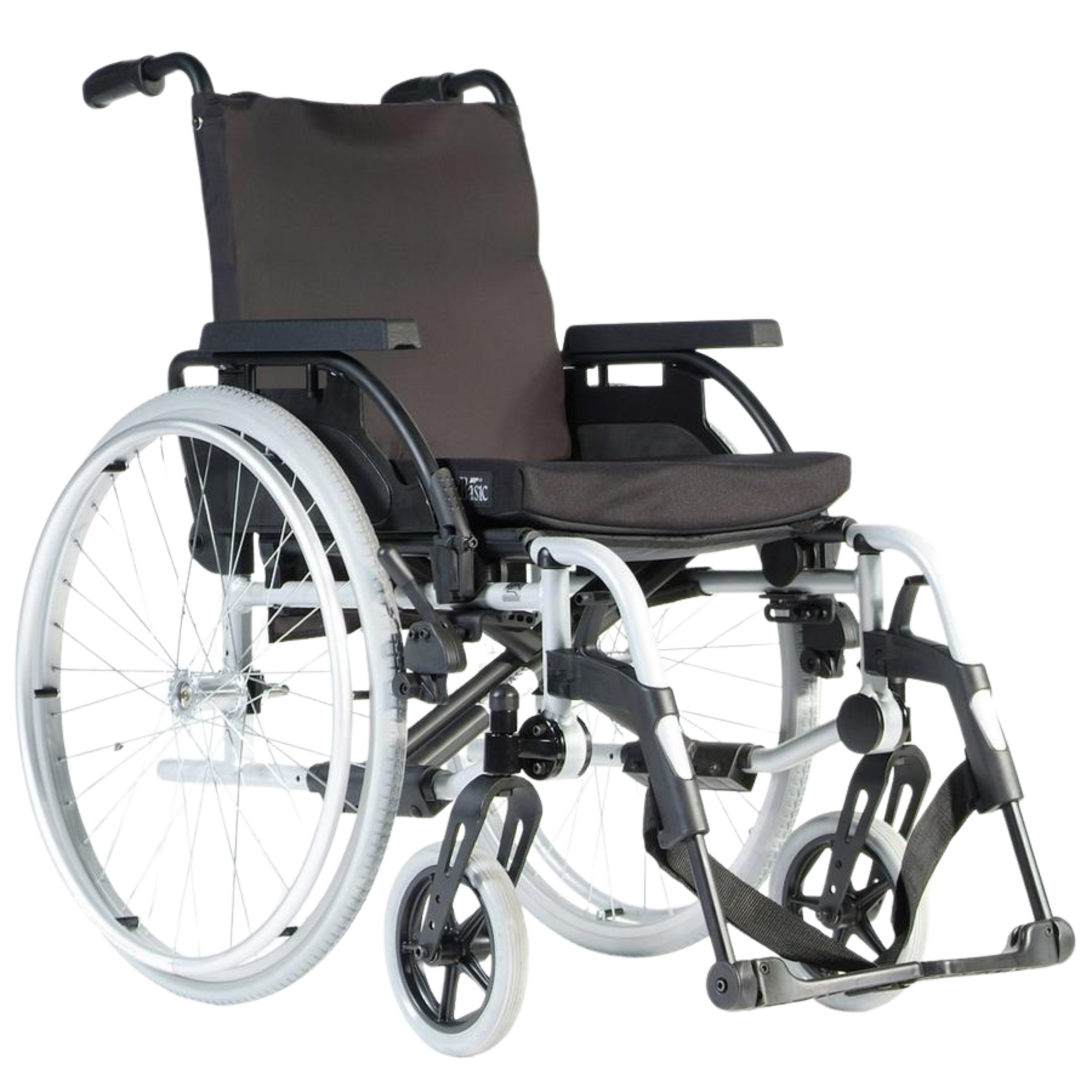 A high-angle, front-facing product shot of the Sunrise Medical Breezy BasiX 2 Half Folding Wheelchair, configured as a manual, self-propelled model. The wheelchair features large, white-spoked rear wheels with dark handrims for independent propelling, alongside smaller black front caster wheels. It is designed with a lightweight, metallic frame, a dark brown upholstered fabric seat and backrest, and padded flip-up armrests. The lower portion includes swing-away footrests with heel loops for user comfort and