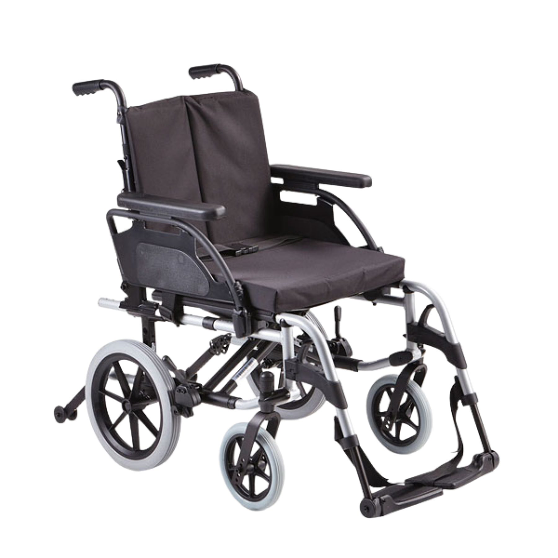 A three-quarter view product shot of the Sunrise Medical Breezy BasiX 2 Half Folding Wheelchair, configured as an attendant-propelled transit model. The wheelchair features small, solid black rear wheels and matching small front caster wheels, designed for a caregiver to push. It includes a durable silver metal frame, a dark gray padded fabric seat and backrest, and padded armrests. The bottom features swing-away footrests with integrated footplates and a black heel loop strap. The wheelchair is isolated ag