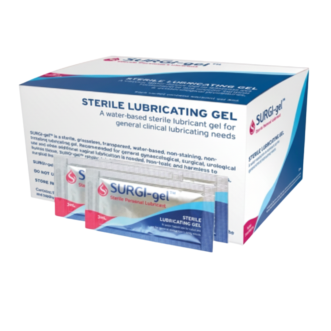The retail box of SURGI-gel Sterile Lubricating Gel with three 3mL sachets displayed in front, showing the product is non-toxic and harmless to human tissue.