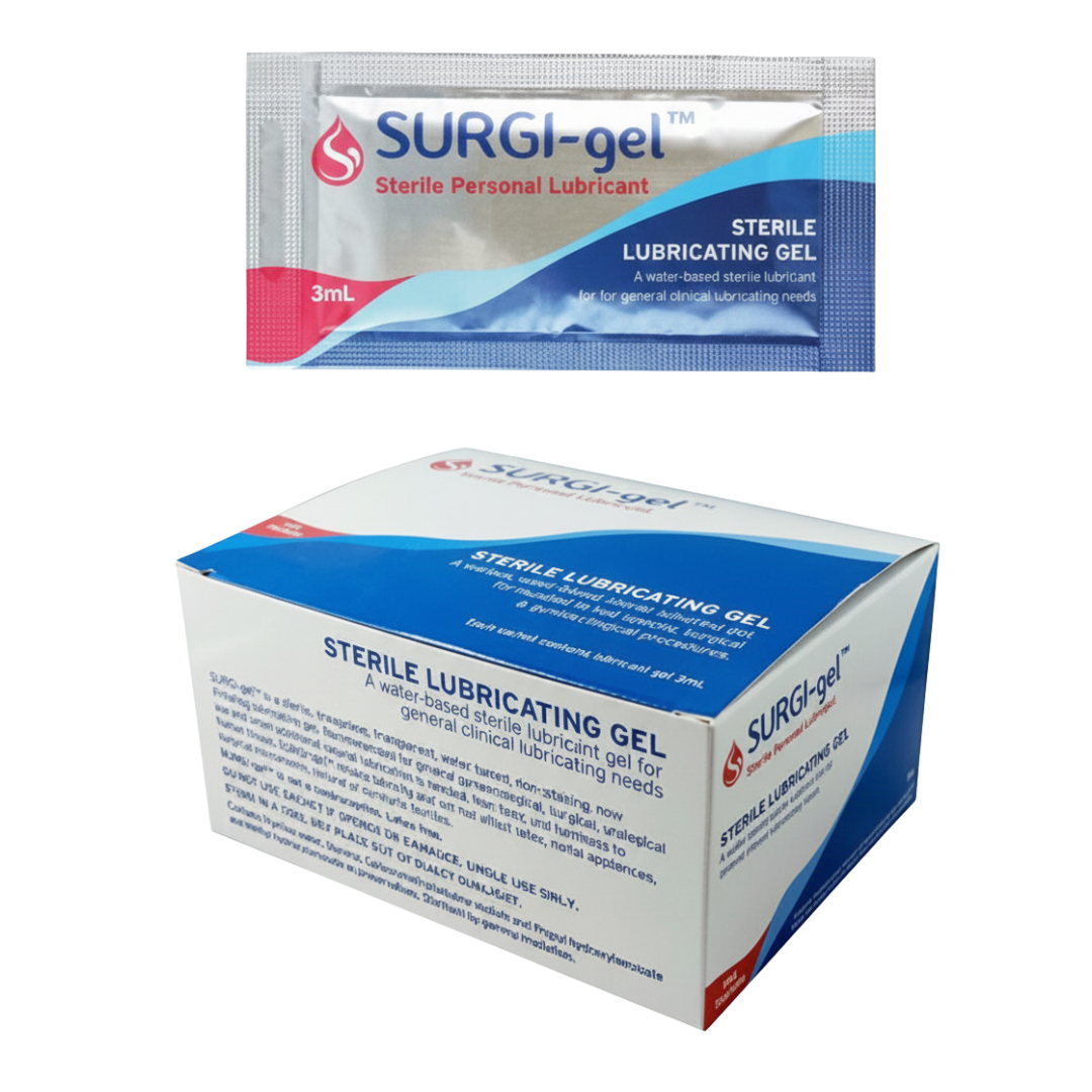 Angled view of the SURGI-gel Sterile Lubricating Gel bulk dispensing box, detailing the general clinical use and water-based composition.