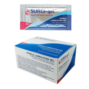 Angled view of the SURGI-gel Sterile Lubricating Gel bulk dispensing box, detailing the general clinical use and water-based composition.