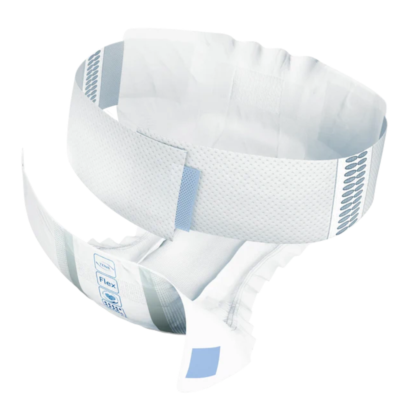 An open view of a TENA ProSkin Flex belted incontinence brief showing the adjustable blue fastening tabs and ergonomic belt design.
