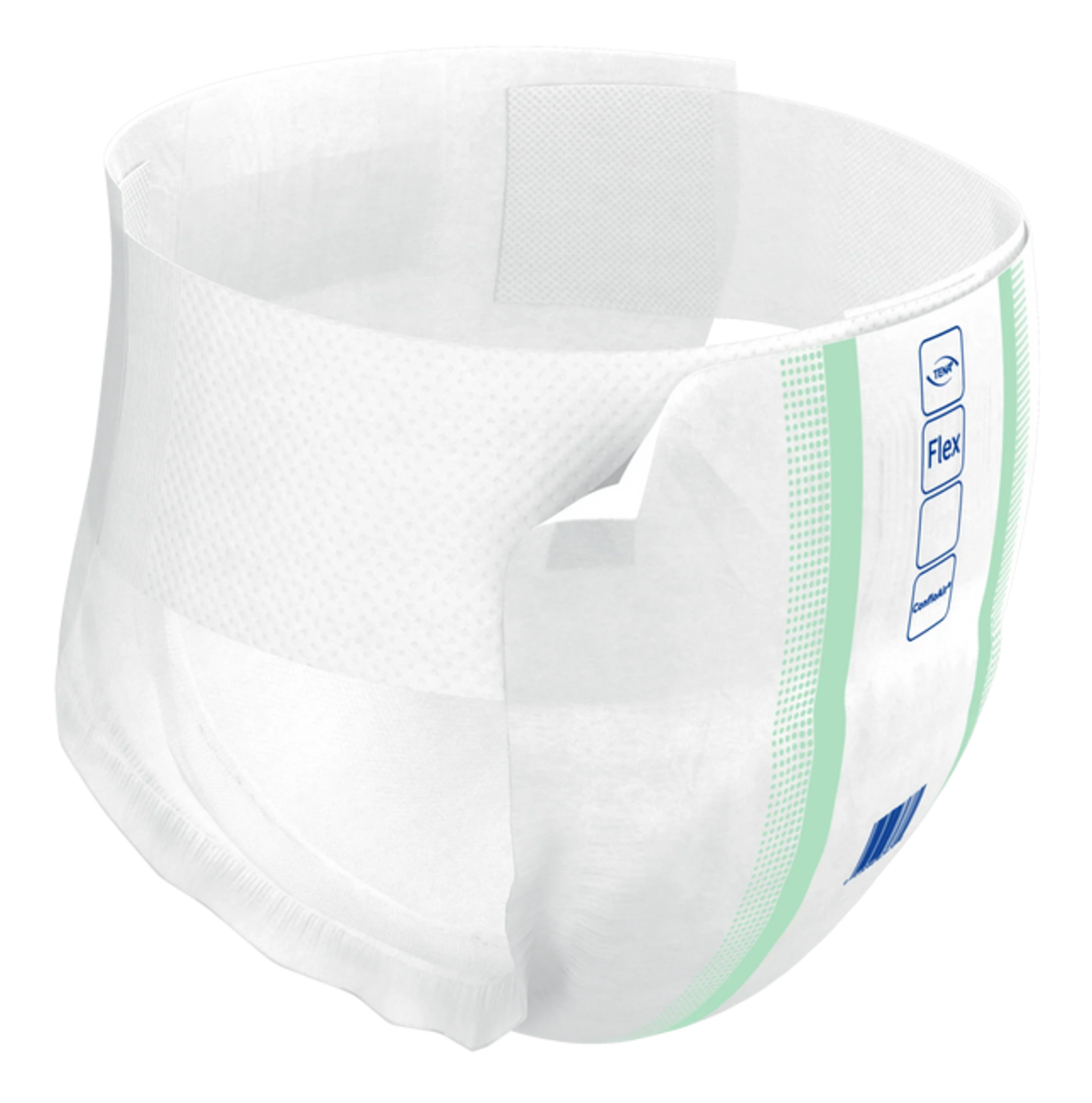 Side profile of a TENA ProSkin Flex belted brief highlighting the breathable textile-like material and the integrated "Flex" fastening system.