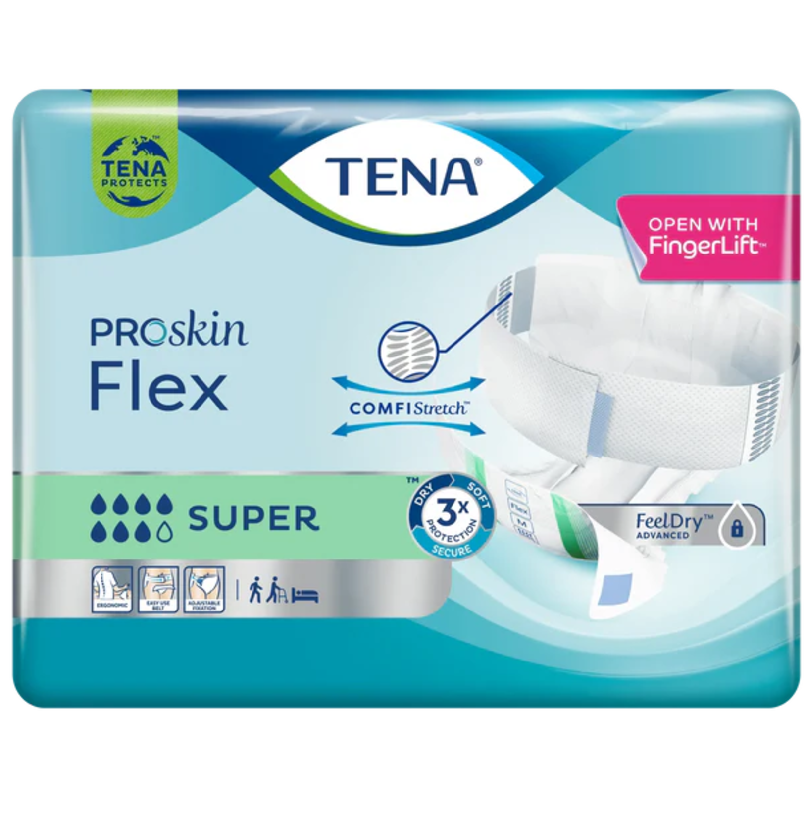 Front of a TENA ProSkin Flex Super pack featuring ComfiStretch, FingerLift open tab, and FeelDry Advanced technology.