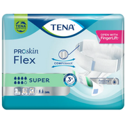 Front of a TENA ProSkin Flex Super pack featuring ComfiStretch, FingerLift open tab, and FeelDry Advanced technology.