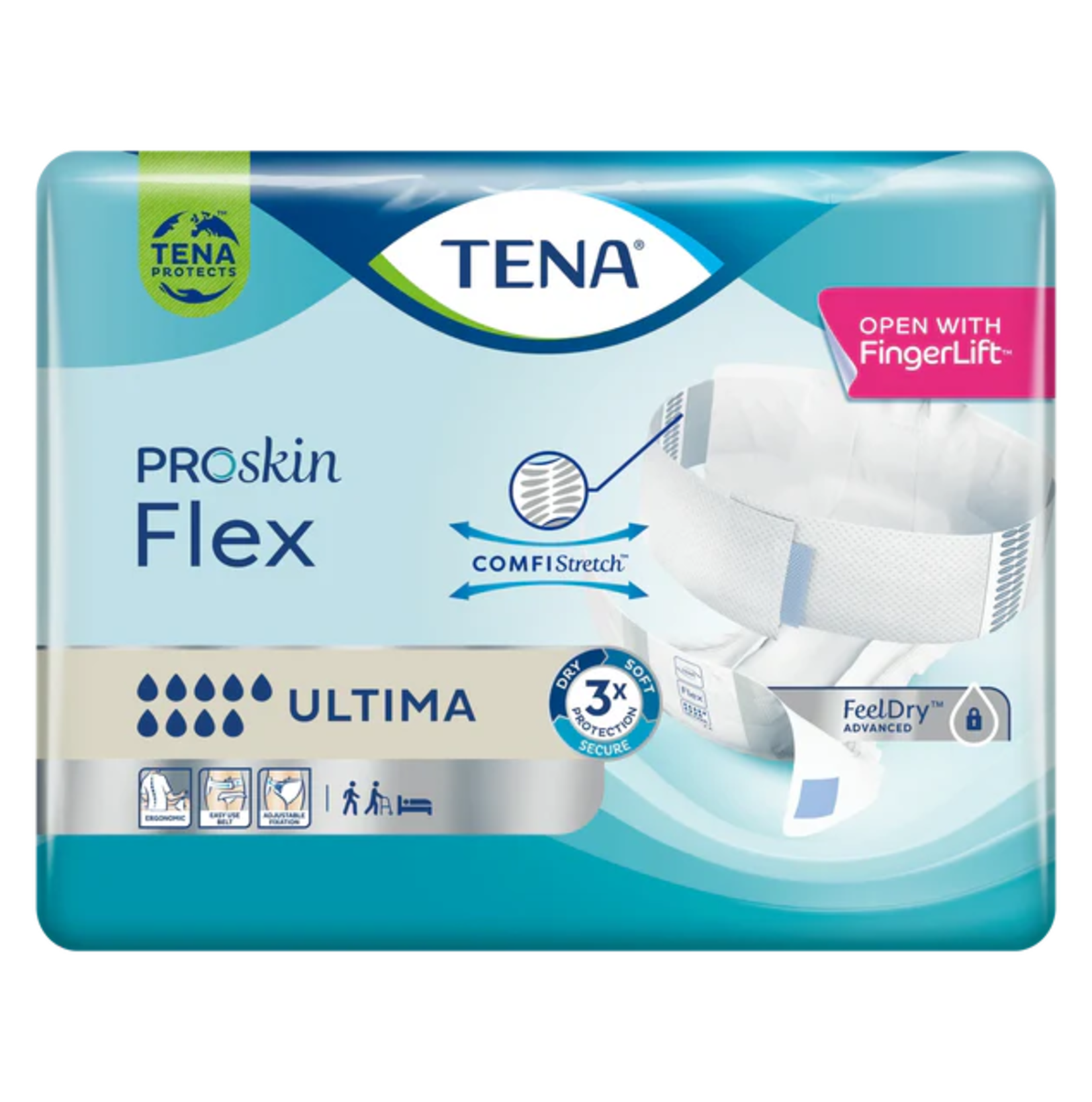 Front packaging of TENA ProSkin Flex Ultima showing the ComfiStretch belt, FeelDry Advanced technology, and an 8-drop maximum absorbency rating.