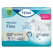 Front packaging of TENA ProSkin Flex Ultima showing the ComfiStretch belt, FeelDry Advanced technology, and an 8-drop maximum absorbency rating.
