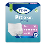 Front view of a TENA ProSkin Pants Maxi Extra Large (XL) package, highlighting the "FeelDry Advanced" technology and "Dry Soft Secure" features.