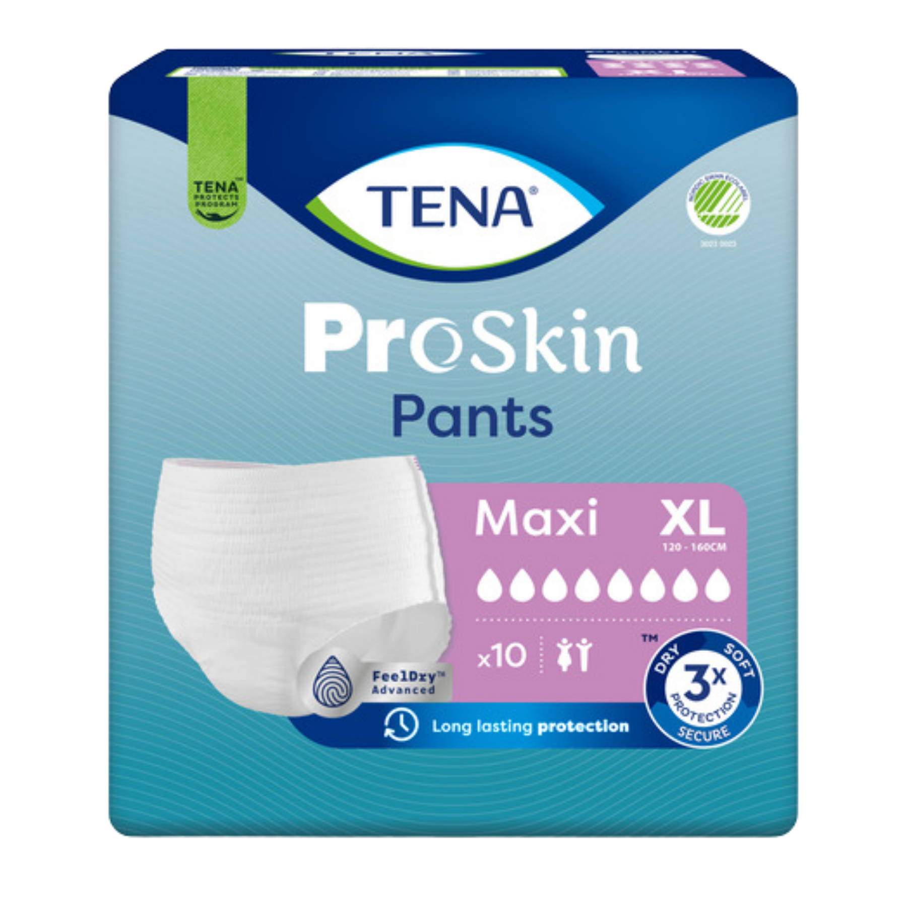Front view of a TENA ProSkin Pants Maxi Extra Large (XL) package, highlighting the "FeelDry Advanced" technology and "Dry Soft Secure" features.