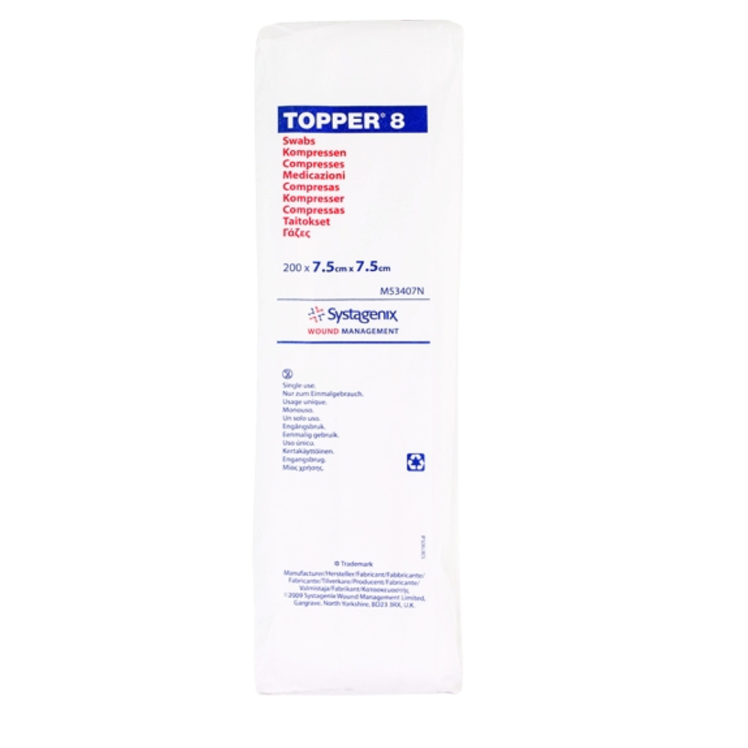 A single, vertical sterile package of Topper 8 non-woven swabs/compresses, size $200 \times 7.5 \times 7.5 \text{cm}$, showing the Systagenix Wound Management brand.
