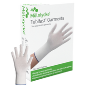 A white Mölnlycke Tubifast Garments box for a pair of gloves, displayed next to a single white knitted glove. The box features green branding and a photo of the glove being worn.
