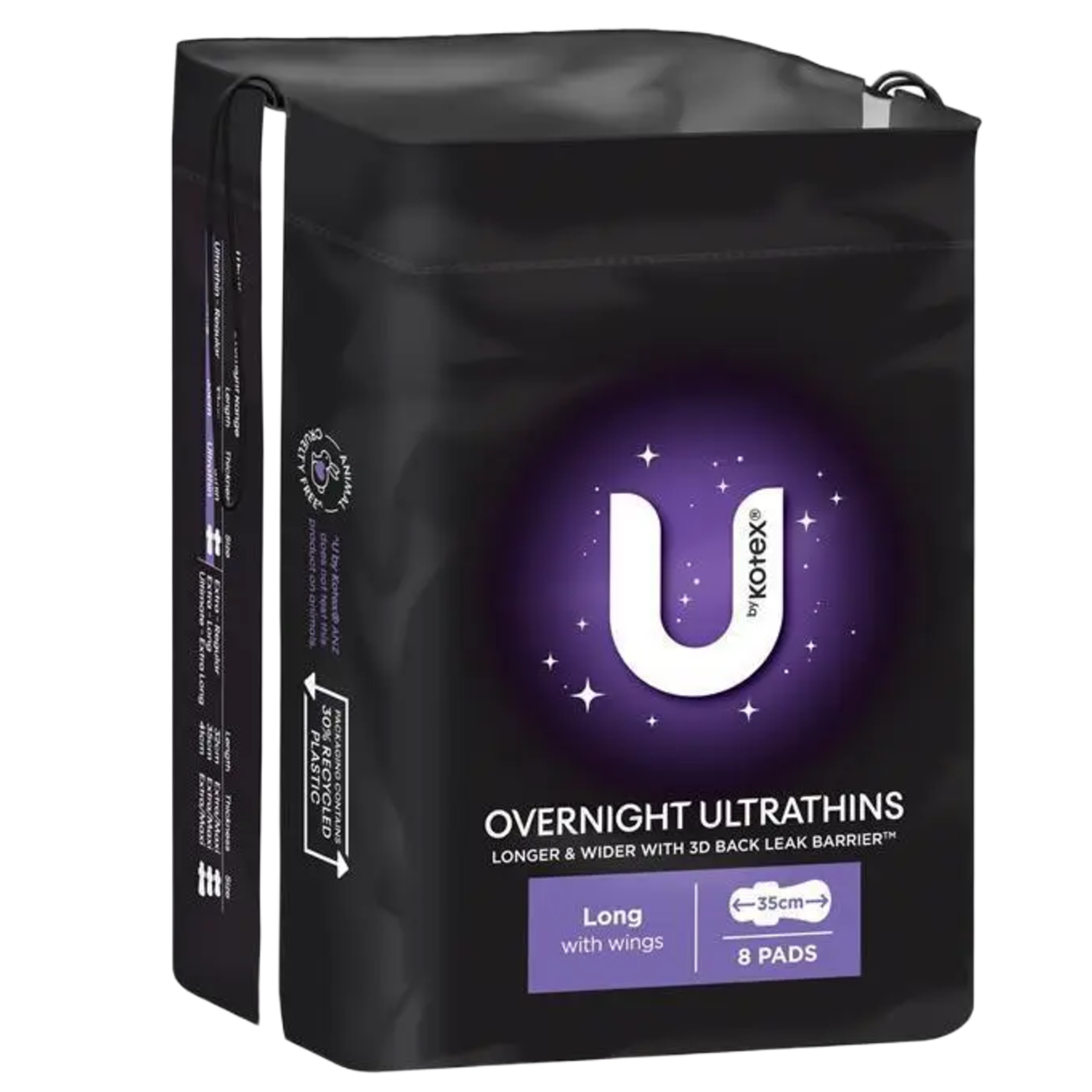 Three-quarter view of the U by Kotex Overnight Ultrathins 8-pack, highlighting the 35cm length and 3D Back Leak Barrier technology.