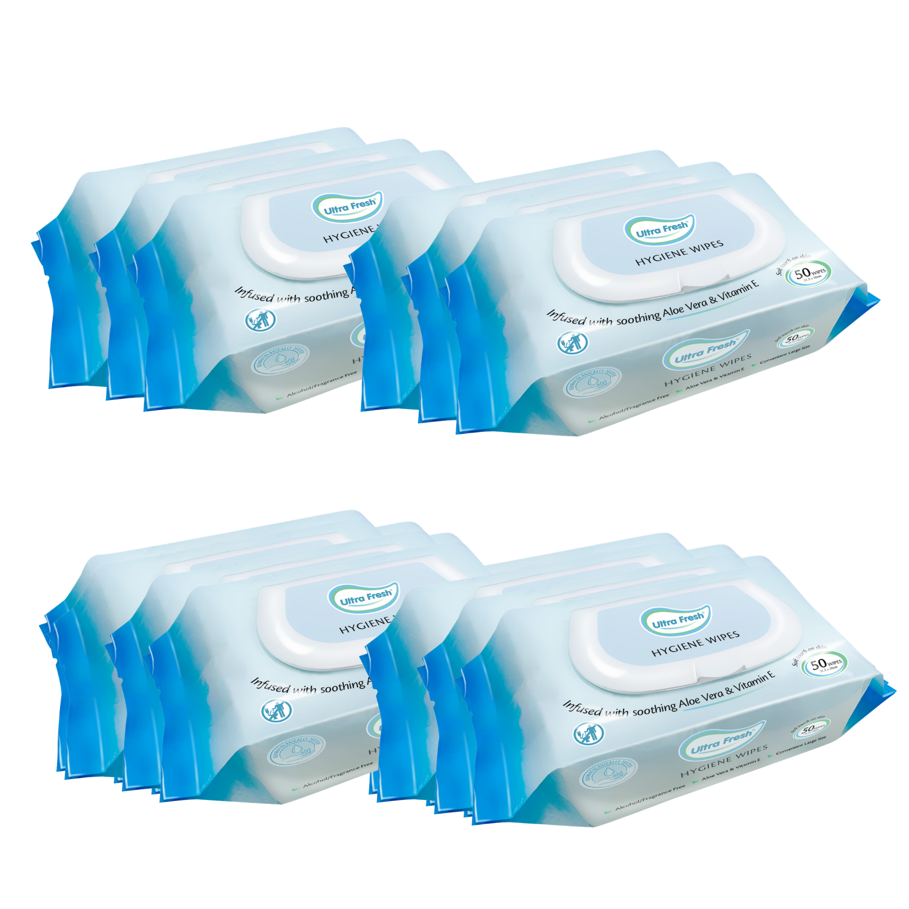 Six packs of Hygeia Soft Hygiene Wipes arranged in two rows of three on a plain white background.