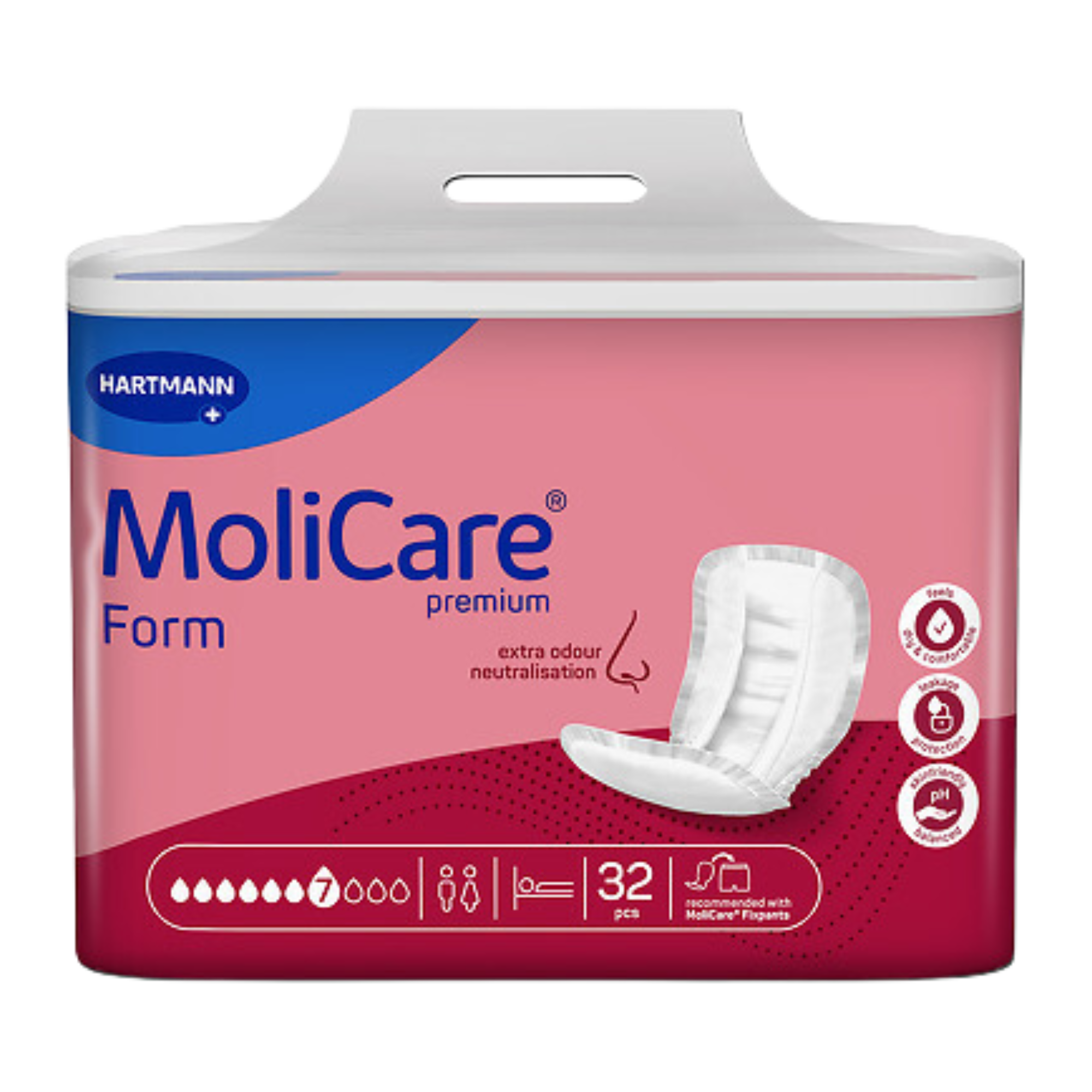 Packaging of MoliCare Premium Form 7 Drops in pink and white color with product image and details.