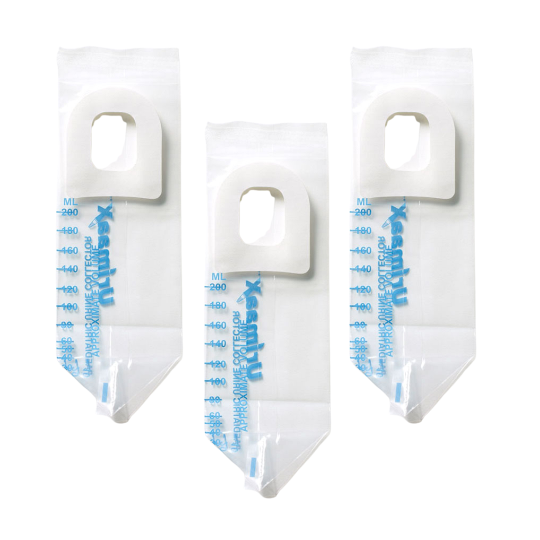 Urimaax infant paediatric drainage bag sterile 200ml pack with adhesive backing and clear graduated markings
