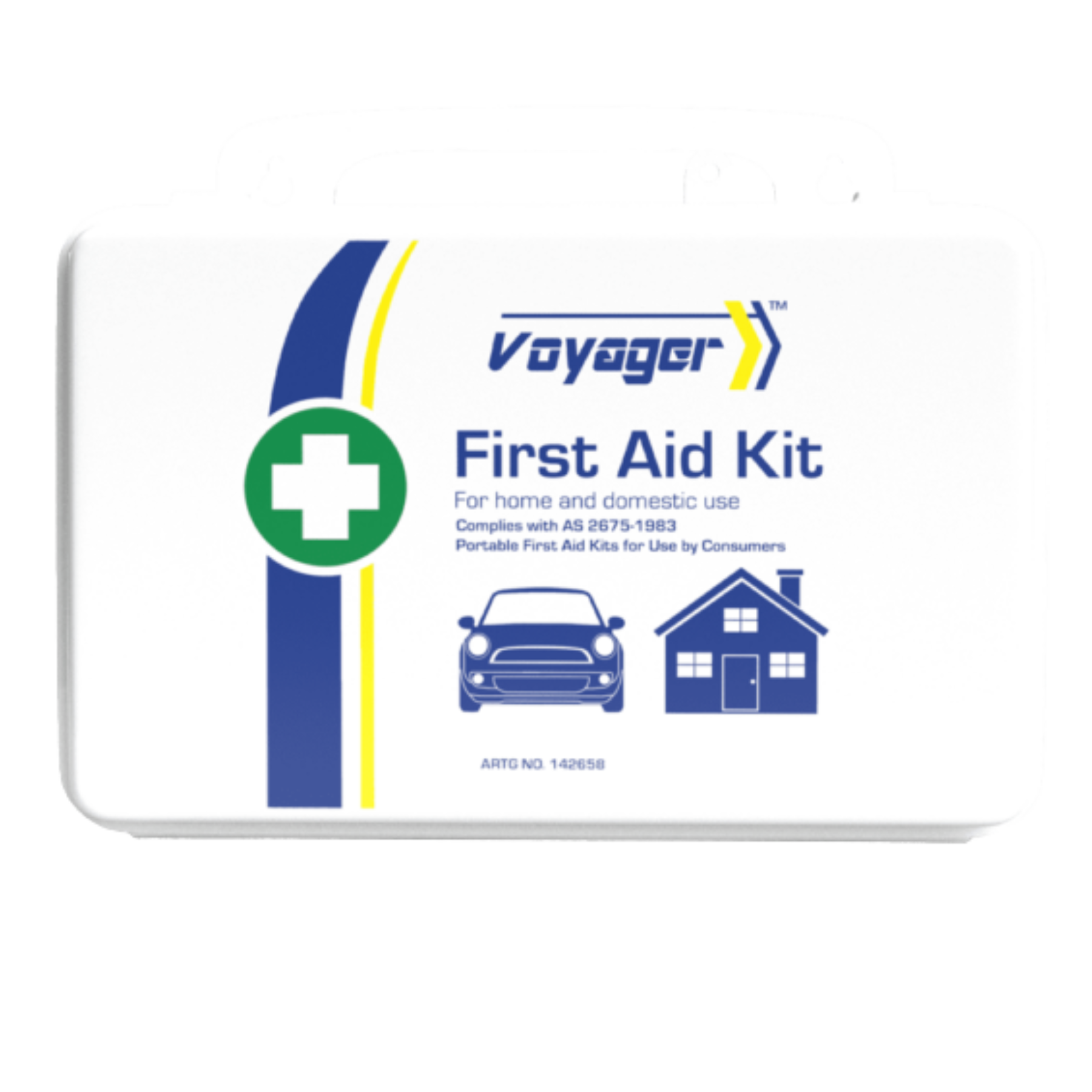 A clean white Voyager First Aid Kit portable hard case with blue and yellow branding, featuring icons for vehicle and domestic use.