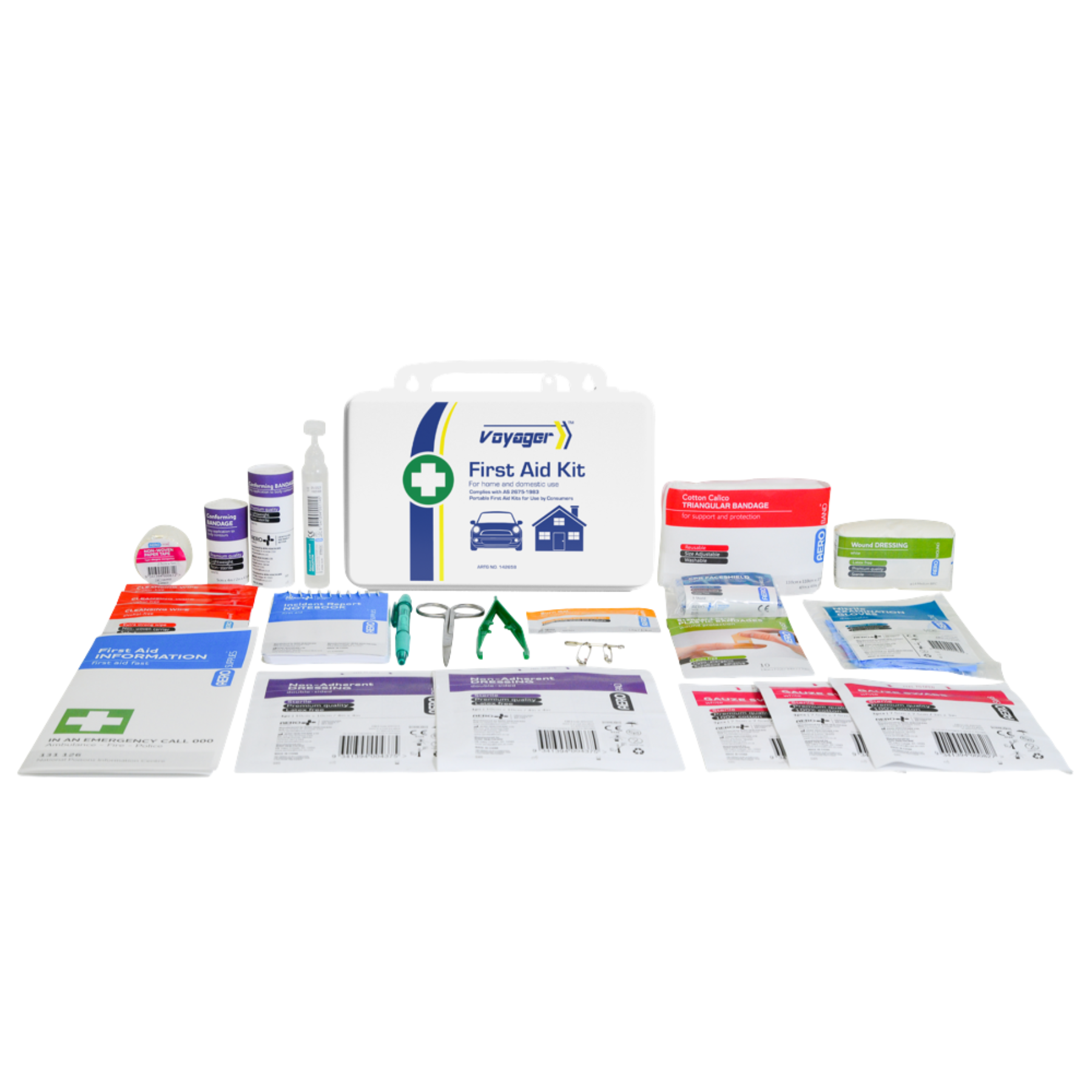 All components of the white Voyager first aid kit spread out, showing antiseptic wipes, conforming bandages, medical tape, and emergency shears.